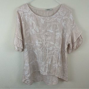 Valentina Naldi light pink Ruffle Embroidered Short Sleeve Top Linen